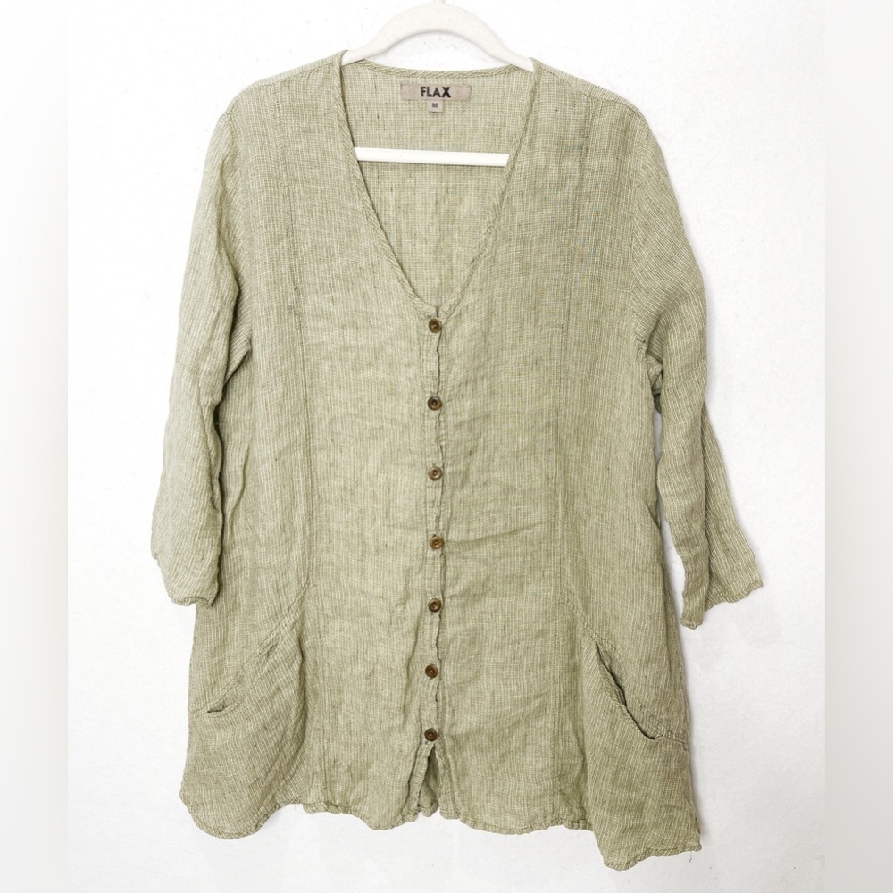 Flax 100% Linen Long Sleeve Button Down Shirt Lagenlook Relaxed Large 3/4 Sleeve